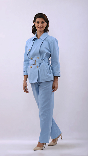 Костюм из хлопка тренч с брюками и юбкой голубой